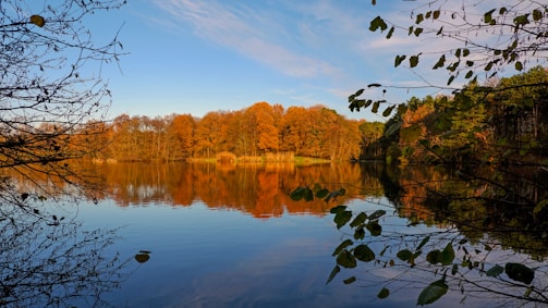 A wide shot of a crystal-clear lake reflecting autumn trees.