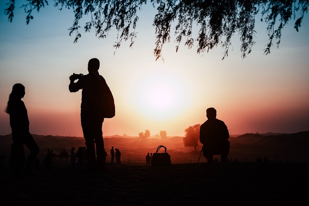 silhouette of three person near tree