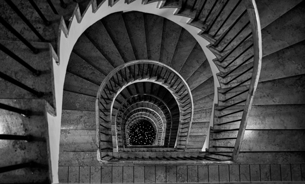 grayscale photography of black and white staircase