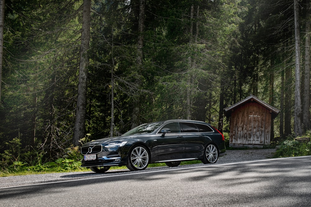 black Volvo sedan parked on sidewalk surrounded with trees