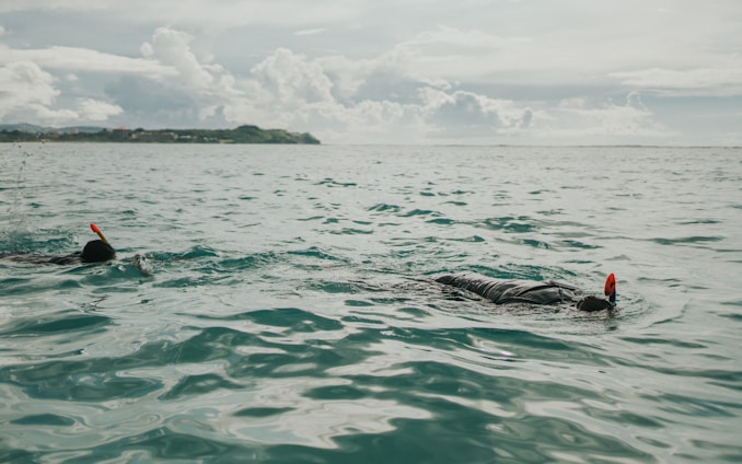 Two snorkelers swim in a tranquil, expansive ocean with visible snorkel gear. The distant coastline reveals lush greenery under a sky filled with dramatic, fluffy clouds.