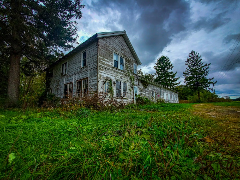 gray wooden house surrounded with green trees under blue and white sky