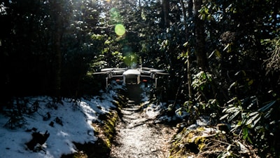 A drone shot of a winding mountain path cutting through lush green forests at dawn.