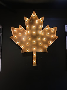 A large, gold maple leaf with evenly spaced circular light bulbs creates a bright and striking pattern against a dark background. The leaf is symmetrical and the lights form an eye-catching design.