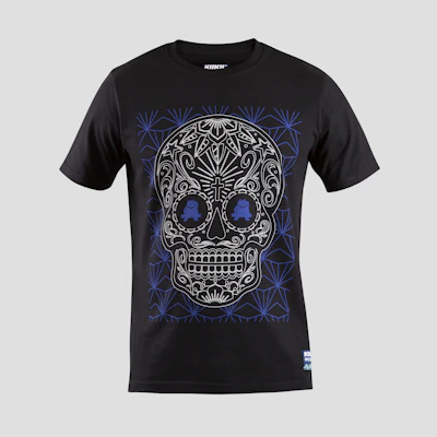 Black metal band t-shirt with intricate skull design on a dark background