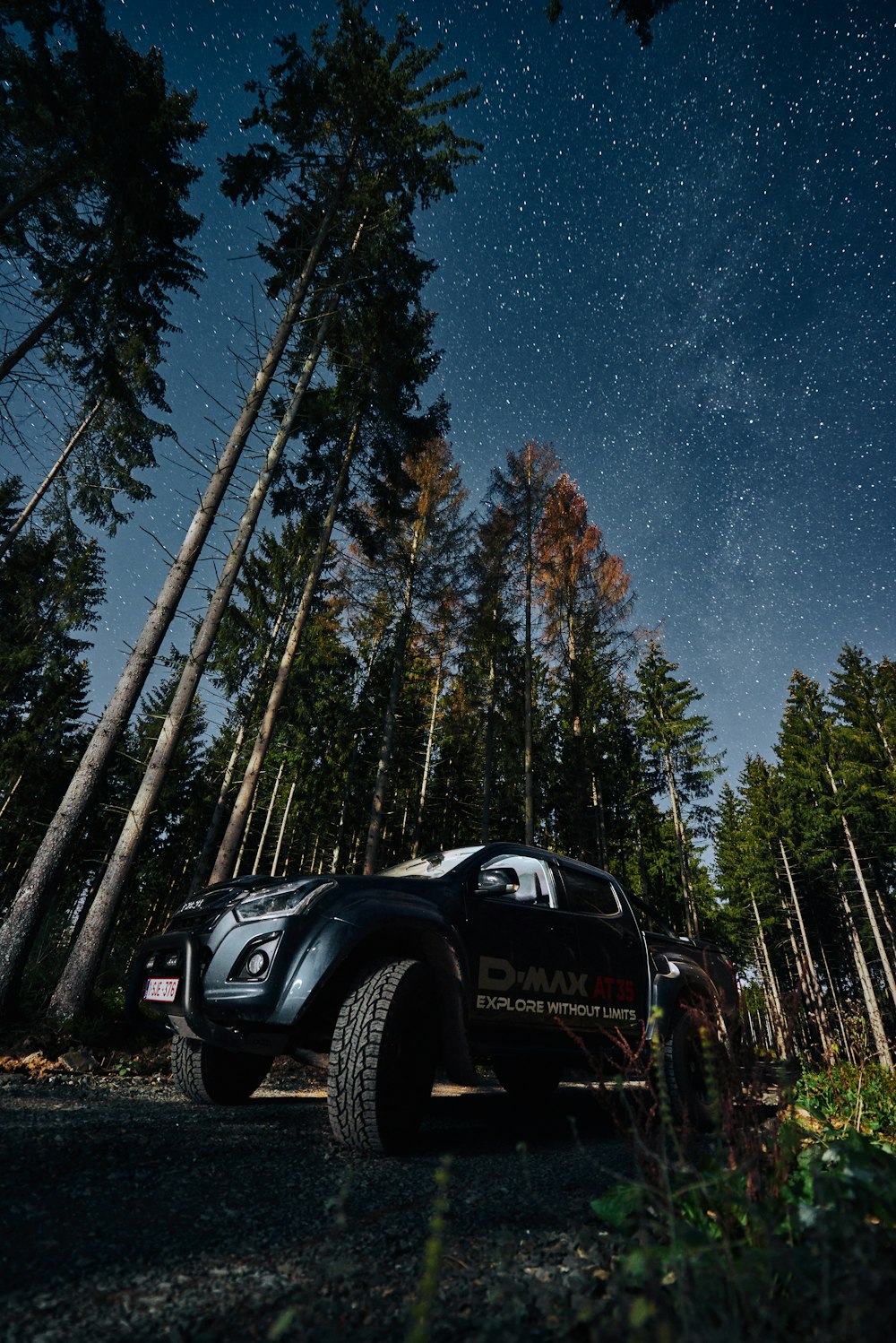 Isuzu D-Max preto estacionado perto de árvores da floresta durante a noite