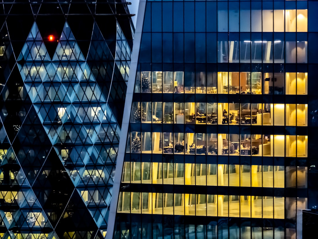 Modern office building exterior with glass facades in London