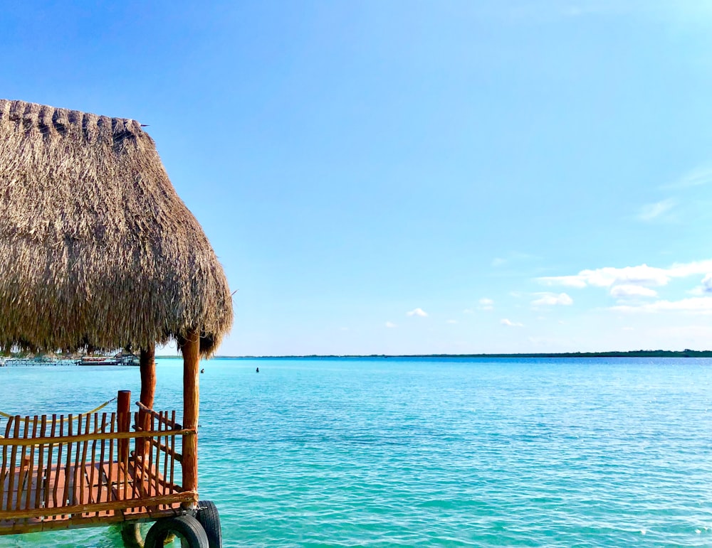 thatch hut above the sea during day