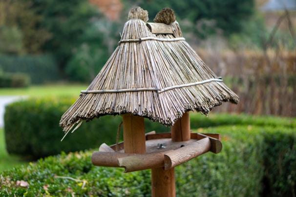 Close-up of a hand-painted bird feeder featuring delicate leaf motifs.