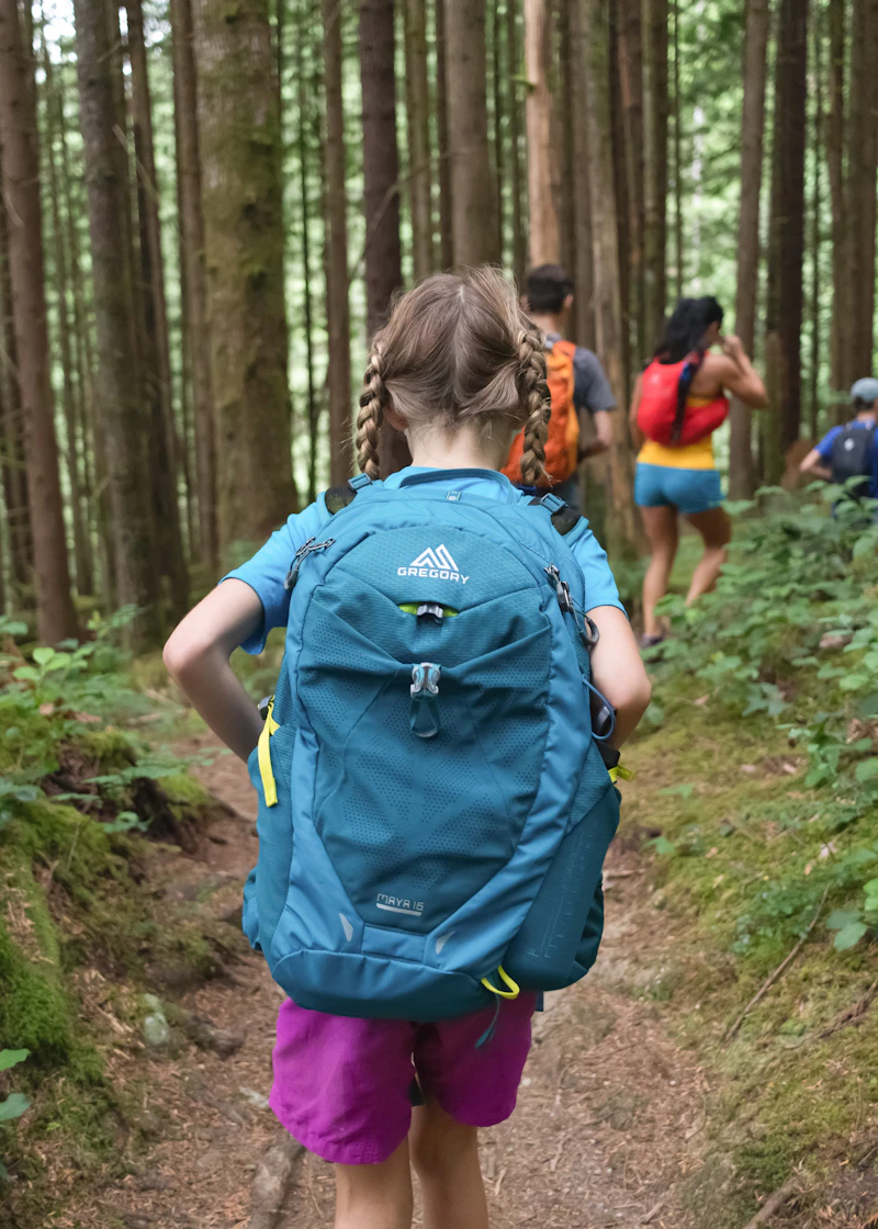 Campers exploring a sunlit forest trail