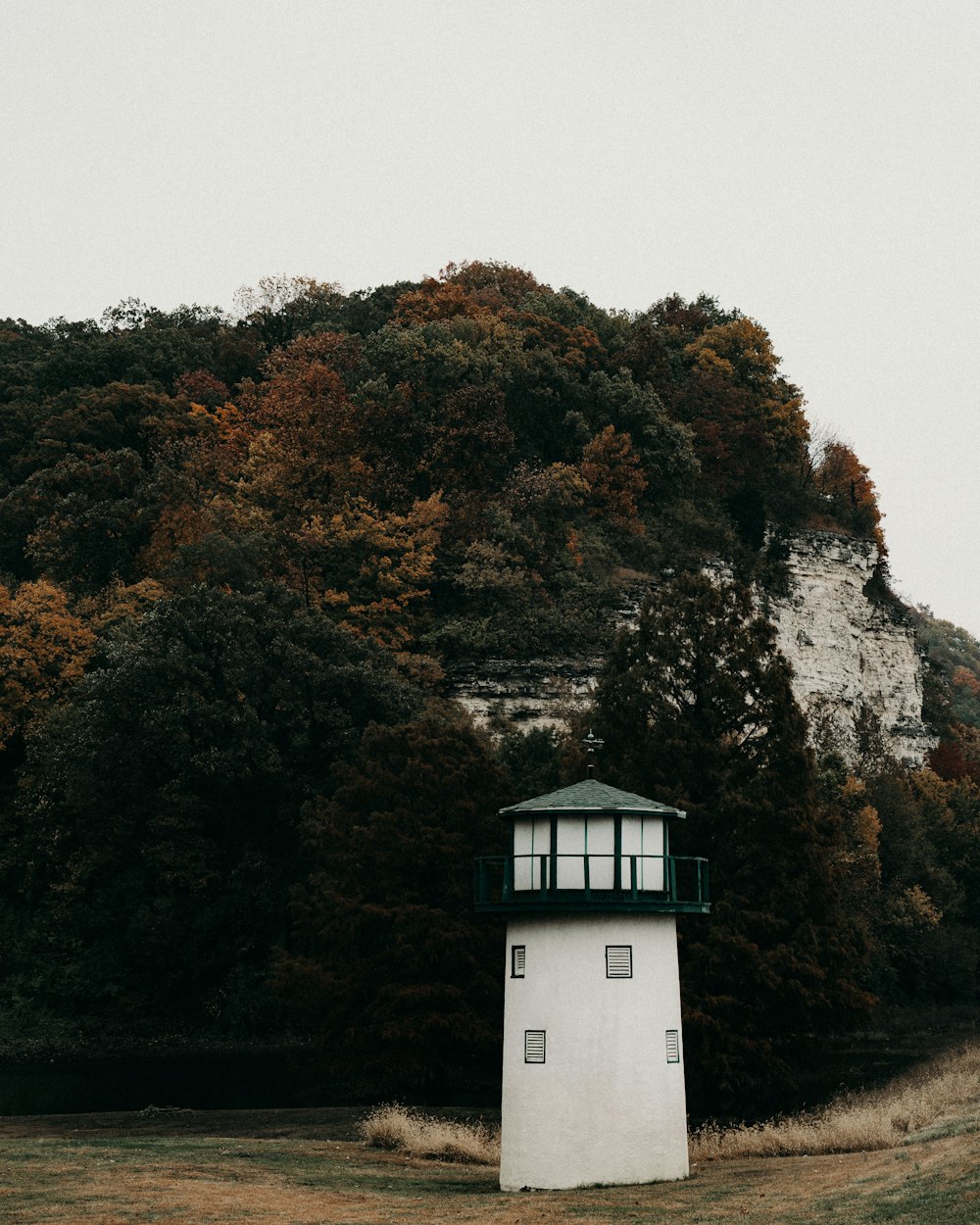 white and black lighthouse near trees during daytime