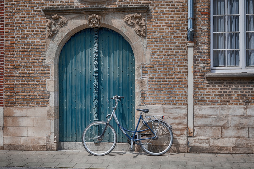 blue bicycle parked near door