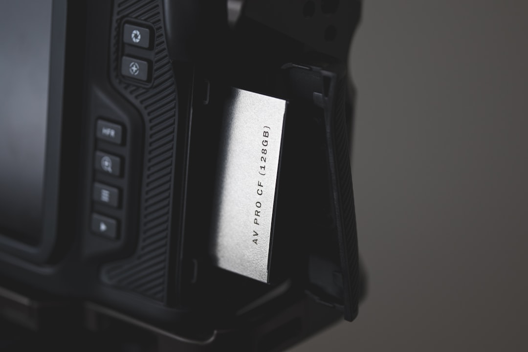 a close up of a camera with a label on it, The Angelbird 128GB CFast card in a Blackmagic Pocket Cinema 6K. Buy or rent either or both and V&V.