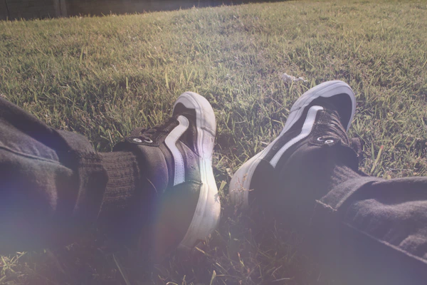 A vibrant shot of stylish, comfortable joggers paired with white sneakers on a sunlit sidewalk.