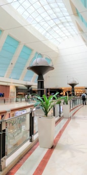 A modern indoor shopping mall with a high, arched glass ceiling allowing natural light to pour in. The upper-level walkway features decorative columns and several large potted plants along the railing. Shoppers can be seen in the distance, contributing to a bustling yet relaxed atmosphere.