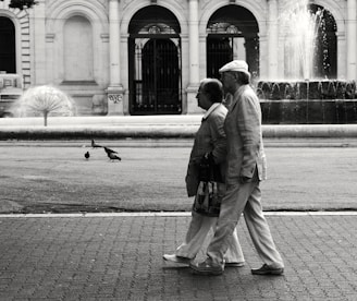 An elderly couple is walking arm in arm on a cobblestone path in front of a large, elegant fountain. The background features an old building with arched windows and decorative columns. Pigeons are on the ground nearby, foraging for food.