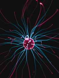 a close up of a red and blue object