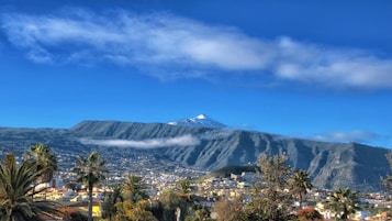 A picturesque landscape featuring a snow-capped mountain in the distance beneath a blue sky with scattered clouds. A vibrant town with colorful buildings is nestled in the valley below, surrounded by lush greenery and palm trees.