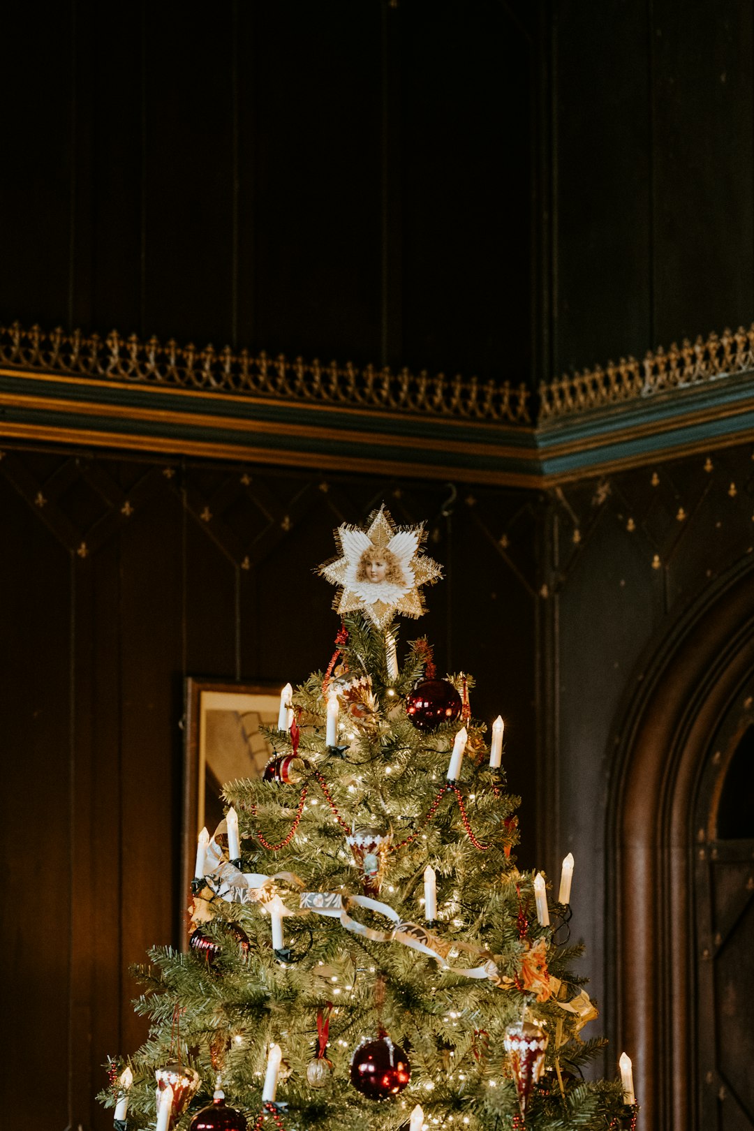 green Christmas tree with string light and star treetop