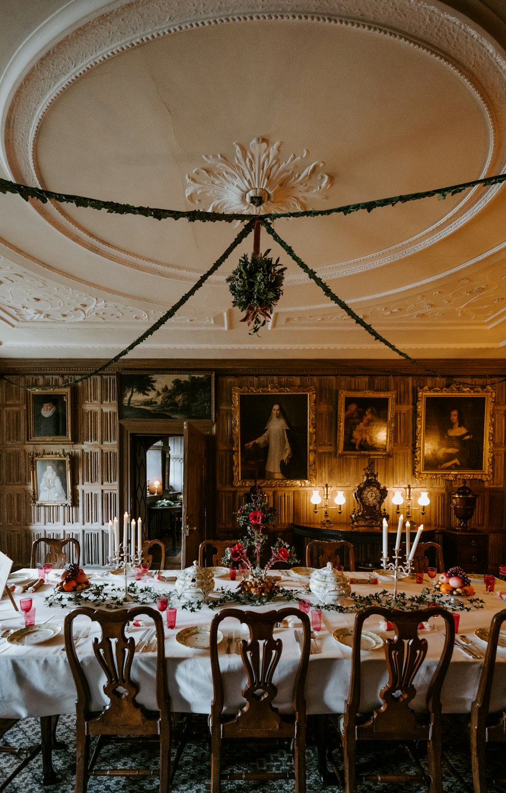 long dining table with complete table setting