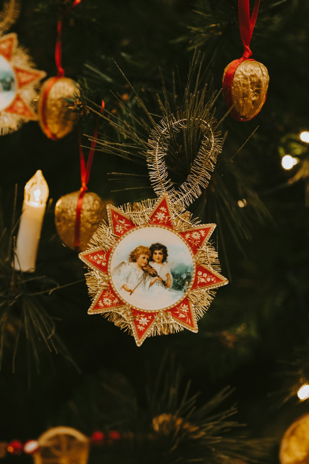 brown and red Christmas tree decor