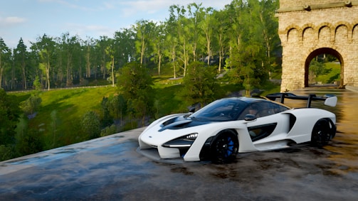 A striking Aston Martin Vantage idling at Spa-Francorchamps, surrounded by lush forest.