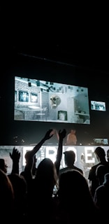 A crowd is gathered in a dark concert or club setting with a large LED screen displaying graphics, including a skull in a brick-walled environment. People in the audience are raising their hands toward the stage.