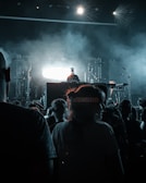 A DJ stands on a stage with bright lights behind them, creating a striking silhouette. The crowd in the foreground watches, partially obscured in shadow, while the stage is filled with smoke and atmospheric lighting. Musical equipment and microphones are visible on the stage.