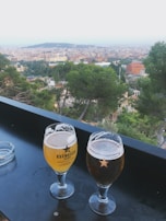 Two glasses of beer sit on a black surface with a panoramic view of a sprawling cityscape and hills in the background. The glasses are branded with the name 'Estrella Damm'. Trees are visible in the middle ground, adding greenery to the urban view.