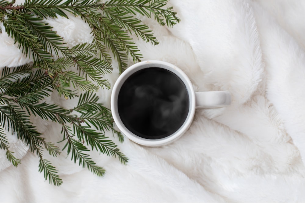 black coffee in white ceramic mug near rosemary herb