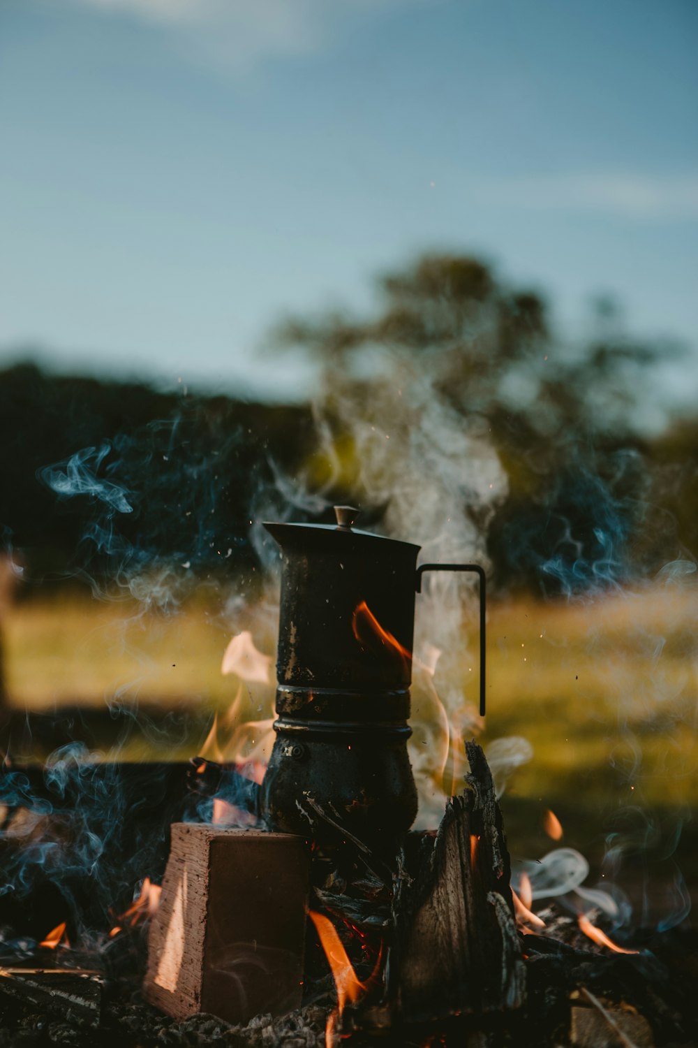 black kettle on wood stove
