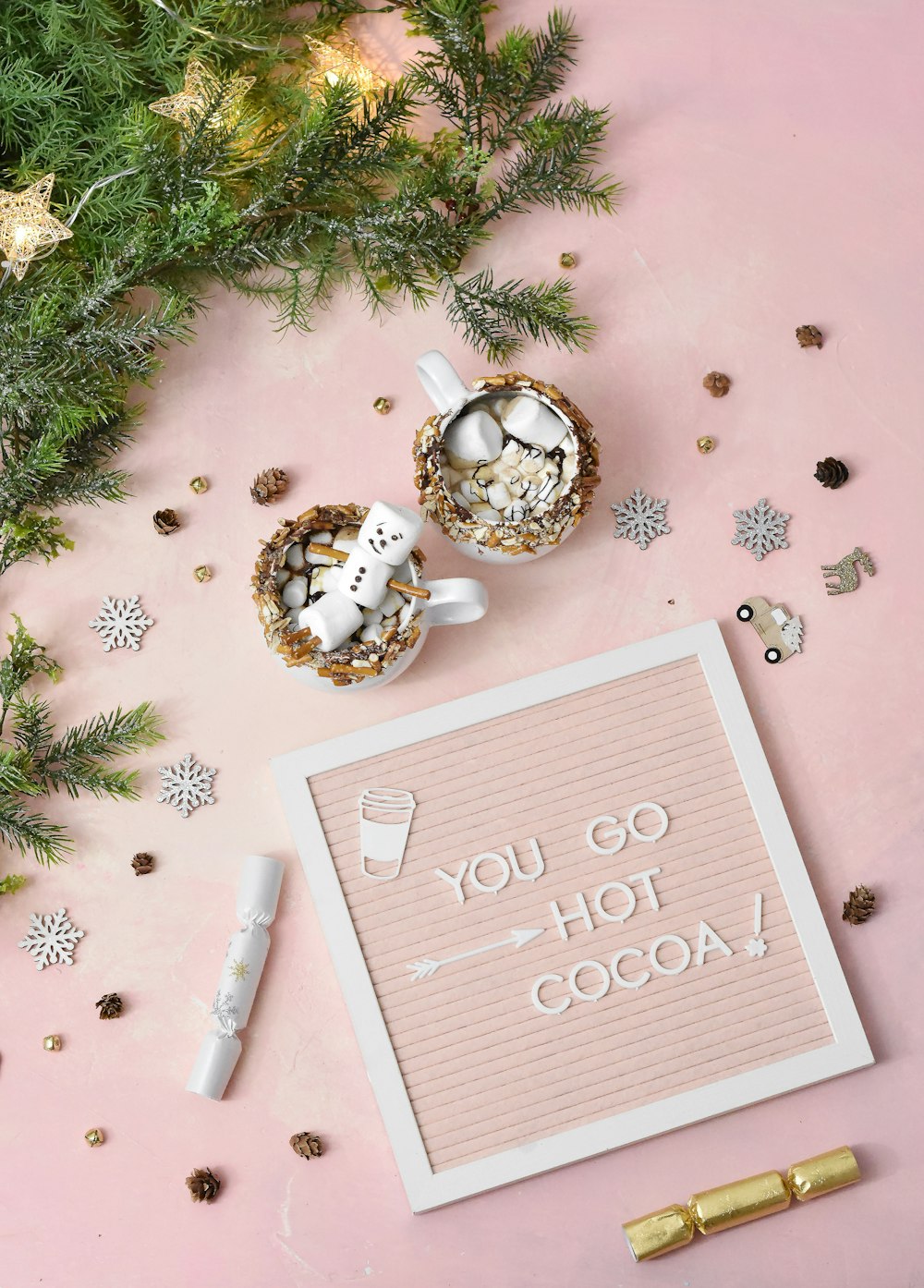 pink and white flatlay decor