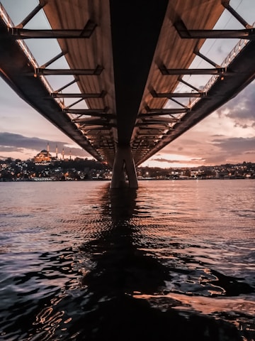 A striking view of the Bosphorus Bridge at sunset, symbolizing connection and trade.