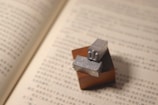 Two metal typesetting blocks rest on a wooden block, placed on an open book with text in an Asian script.