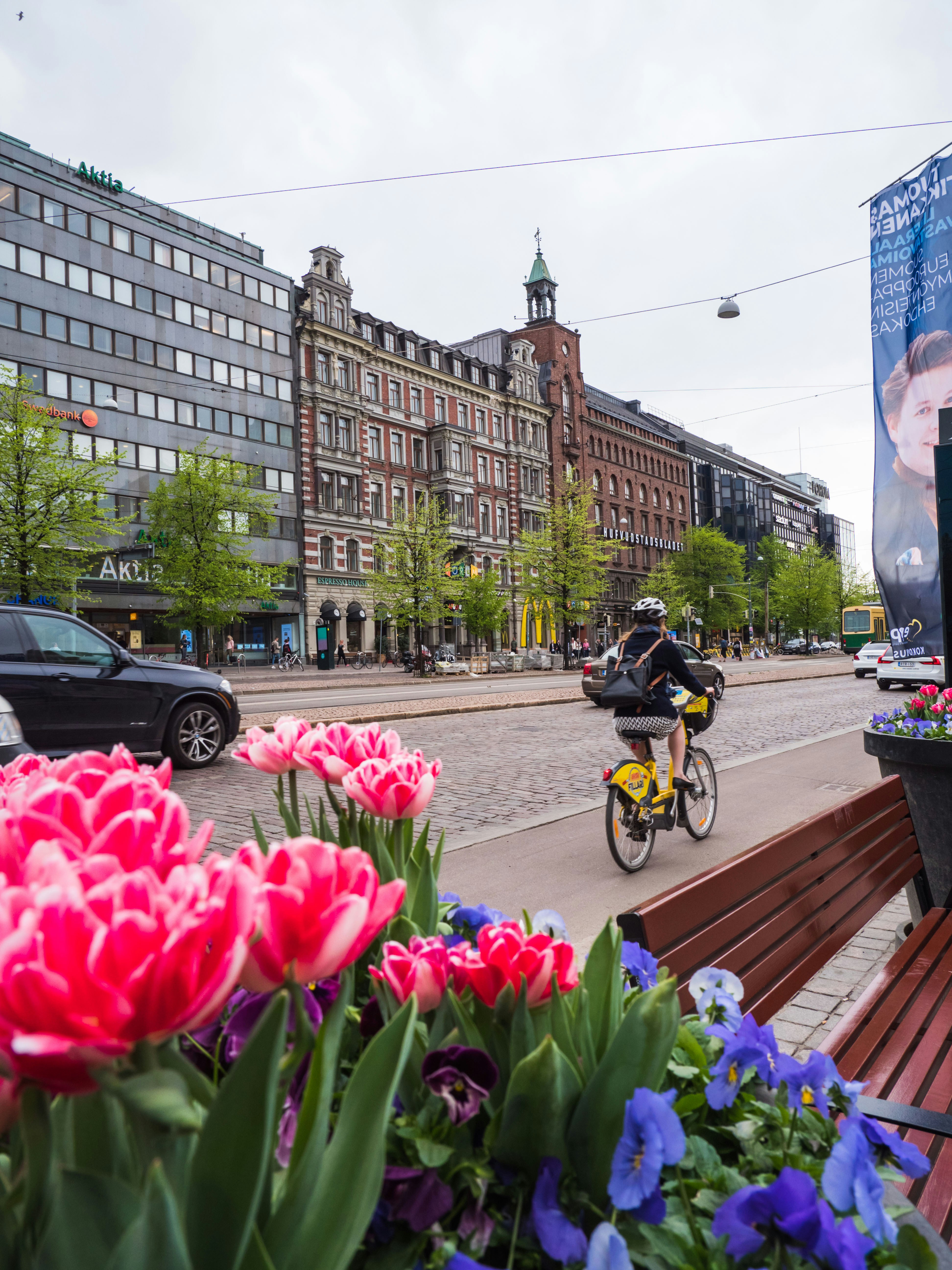 A cyclist in Helsinki, Finland.