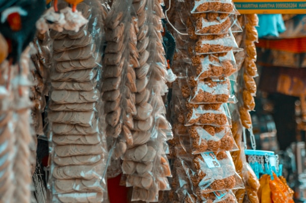 Close-up of healthy snack packages with vibrant, natural colors on a market stall