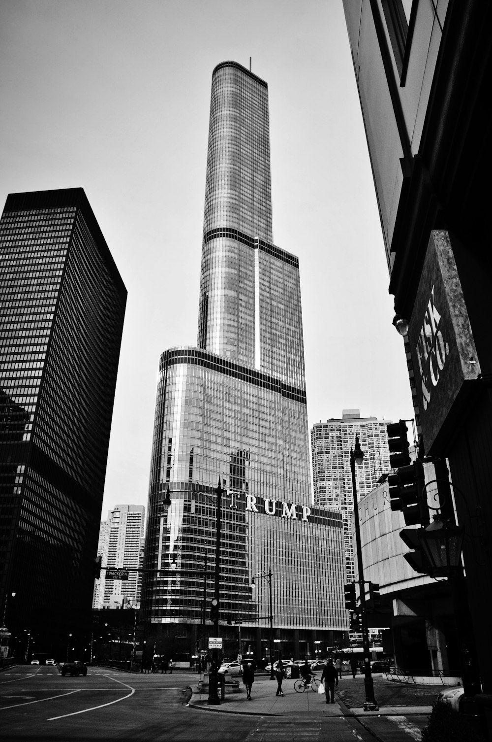 greyscale photo of high-rise buildings