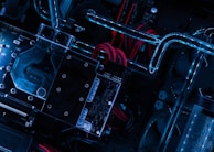 Close-up of a quantum computing setup with glowing circuits and intricate hardware components.