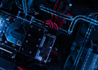 Close-up of advanced cooling pipes circulating seawater around data servers.