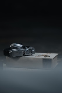 A vintage camera is resting on top of a thick, hardcover book with the title partially visible. A gold necklace and ring are delicately placed on the book, suggesting a nostalgic or personal theme. The scene is set against a dark background with soft lighting creating a moody and introspective atmosphere.