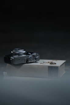 A vintage camera is resting on top of a thick, hardcover book with the title partially visible. A gold necklace and ring are delicately placed on the book, suggesting a nostalgic or personal theme. The scene is set against a dark background with soft lighting creating a moody and introspective atmosphere.