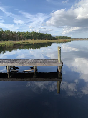 wooden dock and calm body of water
