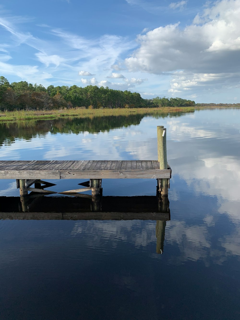 wooden dock and calm body of water