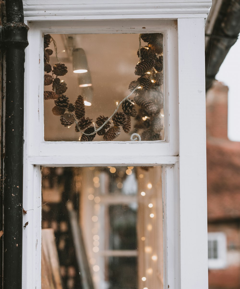 brown pinecones with lighted string lights near white framed glass window