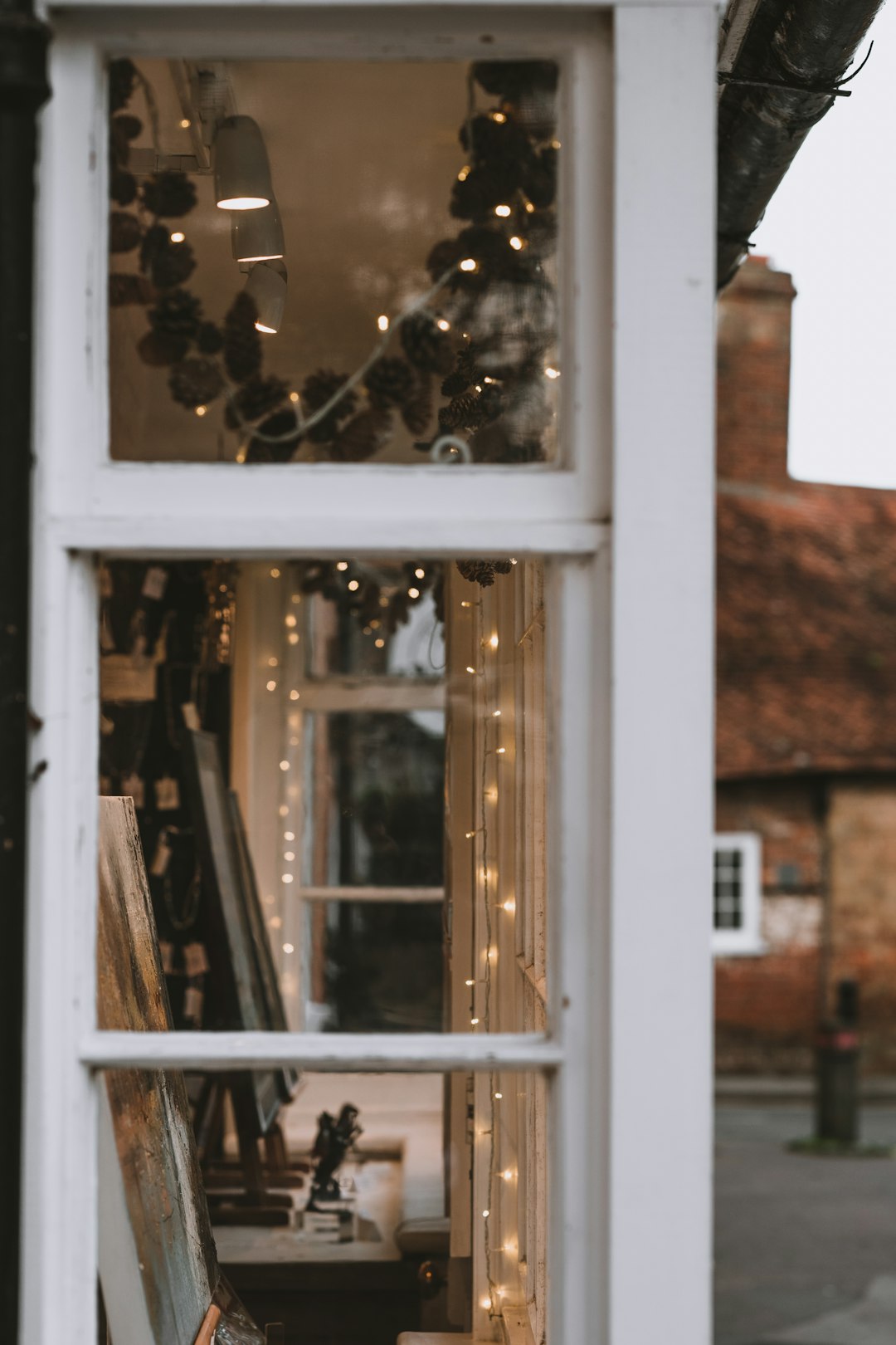 brown pinecones with lighted white string lights near white framed glass window