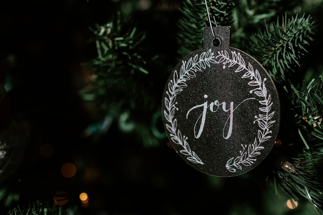 hanging black joy-printed ornament, Joy christmas tree ornament