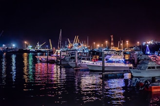 Nighttime shot of illuminated marine construction vessels docked at harbor.