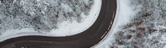 aerial photography of gray spiral road near field and trees covered with snow