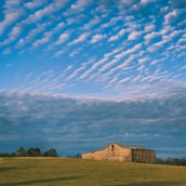 The farm’s rustic red barn surrounded by fields under a bright Danish sky.