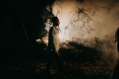 A cinematic video still showing a model walking through a misty forest.